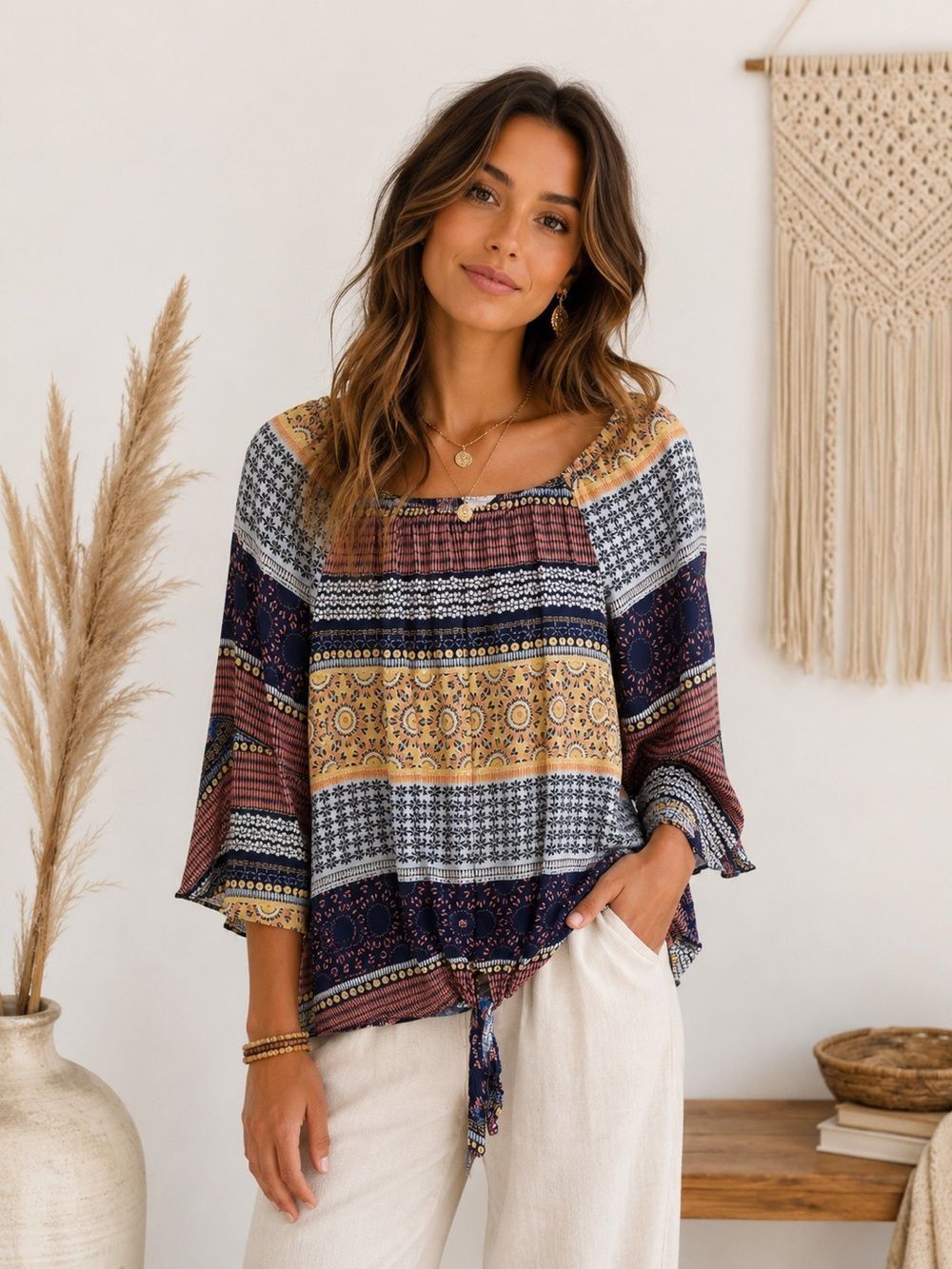 Boho Patchwork Tie-Front Blouse - Multicolor Stripe